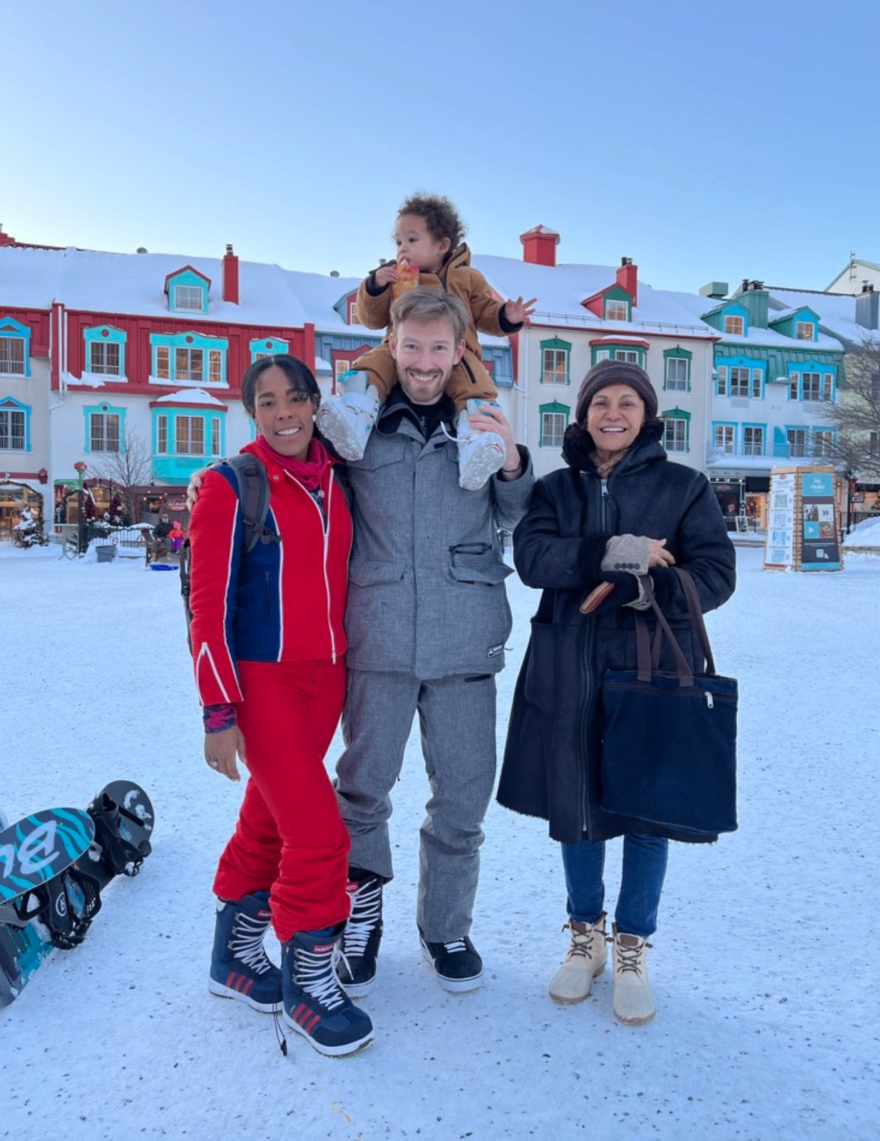 Sojourn Wallace with her husband, son and mother in the Mont-Tremblant village snow